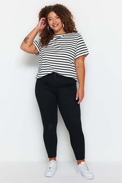 Trendyol Curve Blugi negri skinny stretchy cu talie înaltă Destroy TBBSS23CJ0...