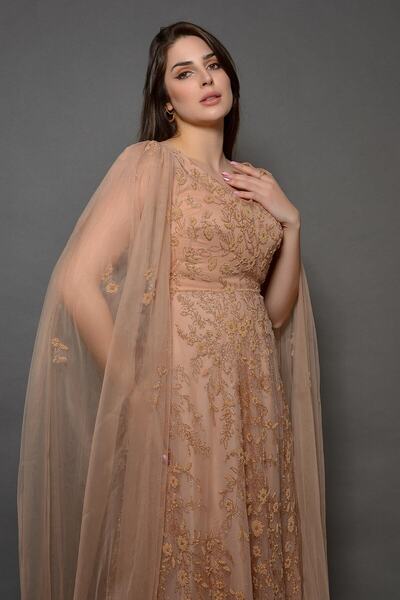 2K&M Beaded and Sequin-Embellished Long Sleeve Detailed Evening Dress