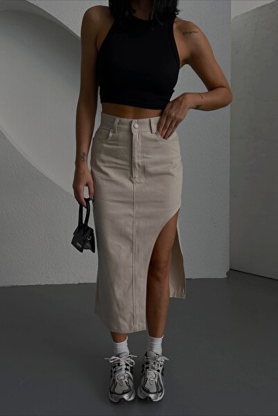 Eka Γυναικεία Μπεζ Φούστα με βαθύ σκίσιμο 0999-23049