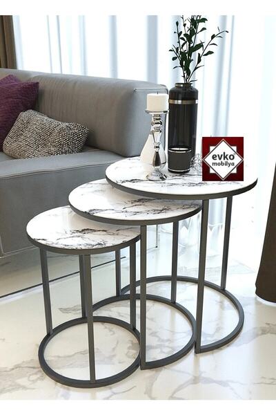EVKO MOBİLYA 3'lü Zigon, Metal Statik Boyalı, Kırılmaz Temperli Camlı, Servis...