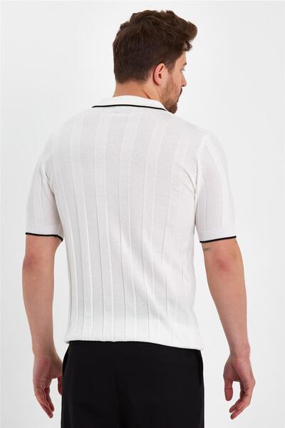 Tarz Cool Білий матовий чоловічий смугастий светр з коміром поло TRZ19109R05S