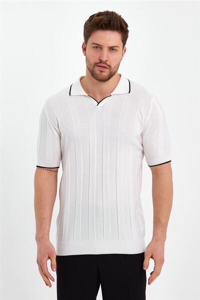 Tarz Cool Білий матовий чоловічий смугастий светр з коміром поло TRZ19109R05S