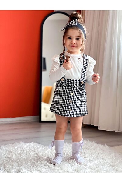 tunay moda Girl's Christmas Houndstooth Salopet, Bandana and Camisole Badi Combination