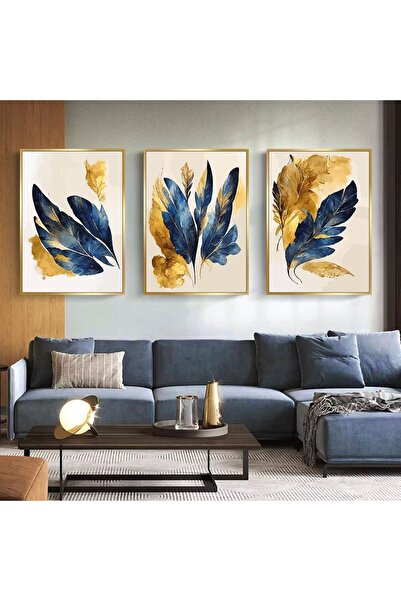 Markazip Altın Metal Çerçeveli 50x70cm Üçlü Soyut Kanvas Tablo Kod: Th77-k-a