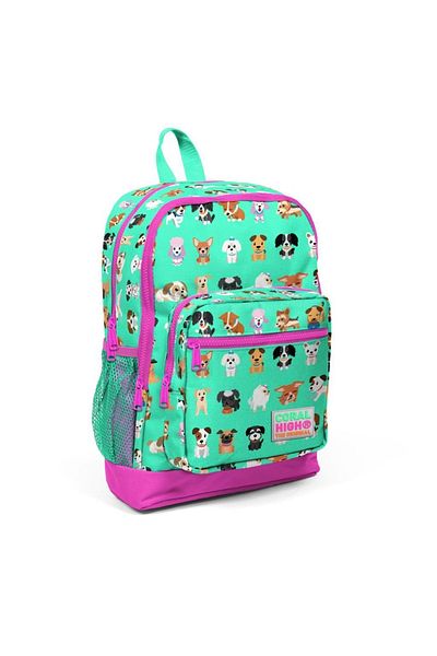 Coral High Kids Water Green Neon Pink Dog Pattern Four Compartment School Backpack 23465