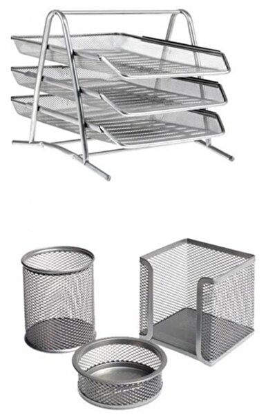 GENC DIJITAL BASKI طقم مكتب (رمادي-فضي) رف مستندات 3 قطع + طقم مكتب 3 قطع