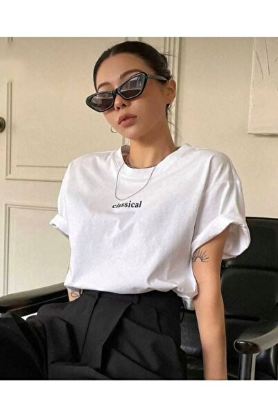 LOUİSA Tricou alb cu imprimeu clasic supradimensionat pentru damă