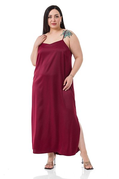 DISENTIS MODEST Rochie din satin burgundă cu bretele subțiri reglabile de dimensiuni plus