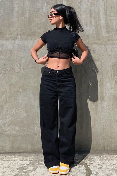 LİMABEL High Waist Lycra Black Palazzo Denim Trousers Wide Leg Jeans