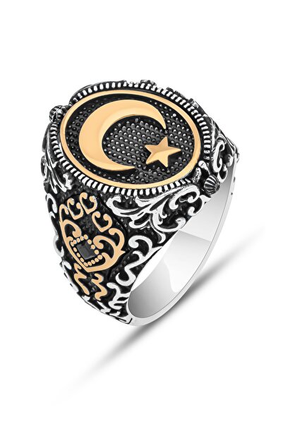 ALYANSEVİM Çift Taraflı Ayyıldız Oniks Taşlı 925 Gümüş Erkek Yüzük