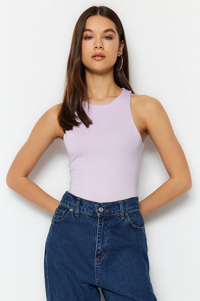 Trendyol Collection Lila Neckholder-Body mit flexiblem Druckknopf-Strick-Body TWOSS20BD0044