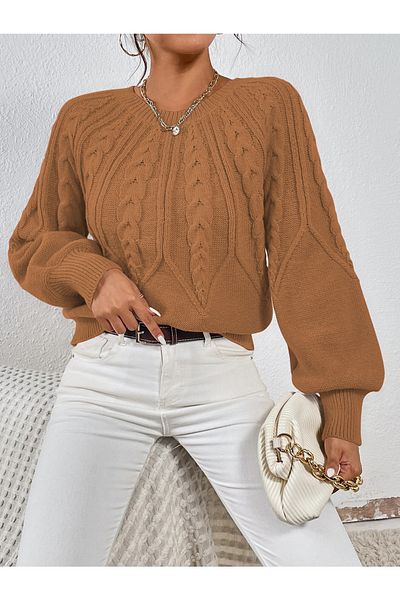 AQE FASHION Италиански трикотажен пуловер с кръгло деколте с плетиво