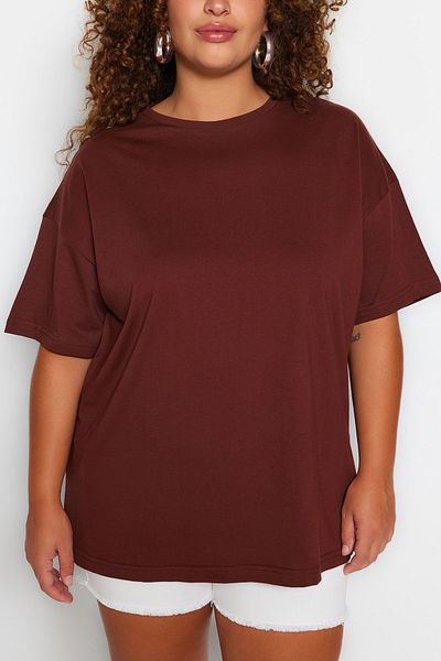 Trendyol Curve Crew Neck Brown Knitted T-shirt - Back Printed, 100% Cotton TBBSS23BF00024