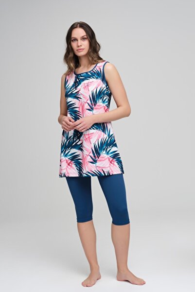 Haşema ملابس سباحة بدون أكمام منقوشة بأوراق خضراء