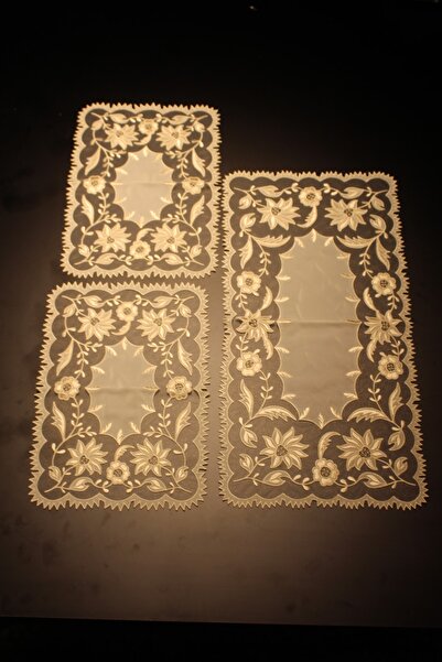 HUZUR ÇEYİZ طقم طاولة قهوة عمل الكنيسة مكون من 3 قطع بنمط الزنبق