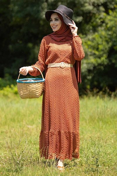CNG MODA Women's Hijab Lace Lined Straw Belt Dress