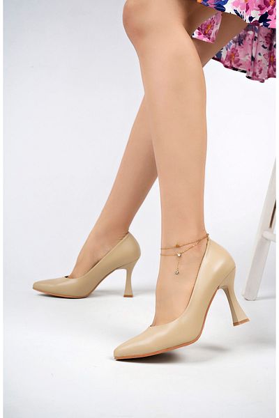 Deripabuc Genuine Leather Beige Women's Heeled Leather Shoes Shn-0861