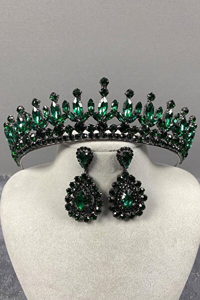 Hobigram Green Catherine Stoned Henna Bridal Crown and Drop Stone Evening Dre...
