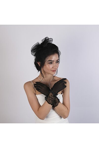 Limelia قفازات قصيرة ومجموعة قبعة الزفاف مع تفاصيل الشريط الأسود