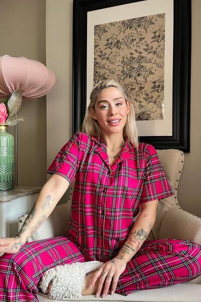 Pijamaevi Green Navy Blue Plaid Printed Front Buttoned Short Sleeve Pajamas