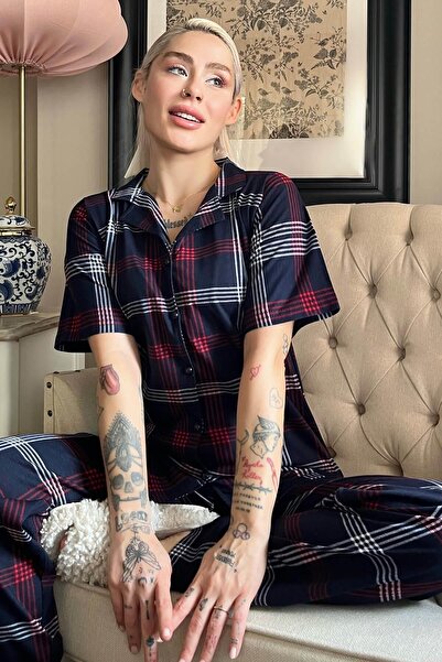 Pijamaevi Πιτζάμες με κοντό μανίκι με κουμπιά μπλέ Navy Claret Red καρό