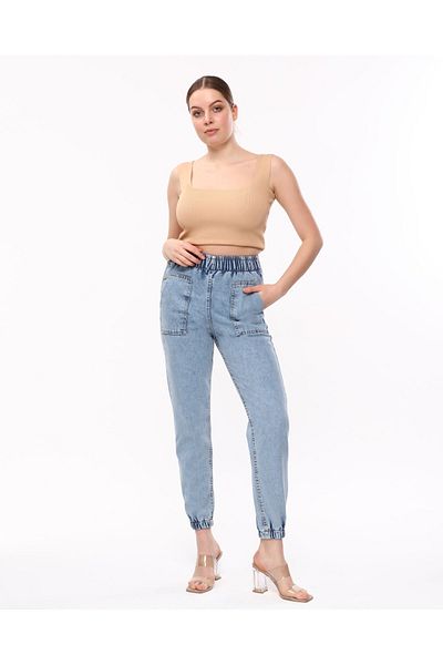 SHEVEGA Pantaloni de damă, albastru deschis, spălat cu piatră, cu talie elastică, cu nasturi, blugi Mom Jean