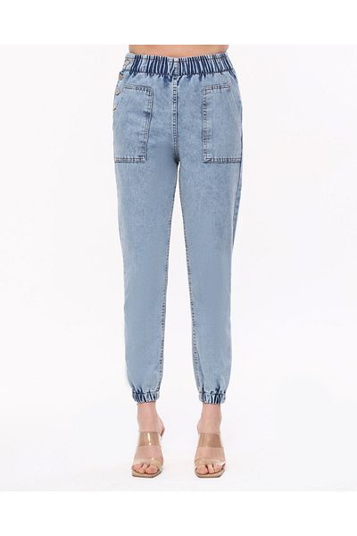 SHEVEGA Pantaloni de damă, albastru deschis, spălat cu piatră, cu talie elastică, cu nasturi, blugi Mom Jean