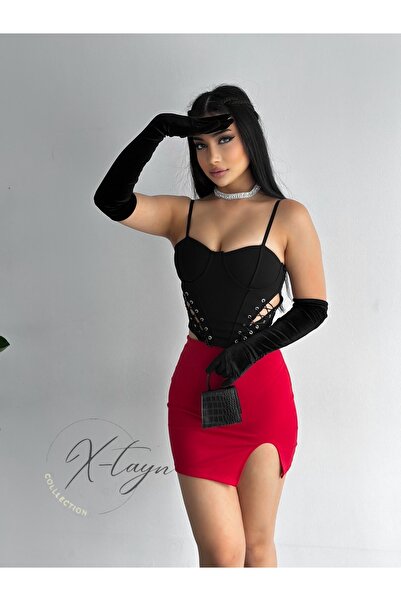 MODA FINE Kadın Siyah Yanı Ip Detaylı Arkası Fermuarlı Likralı Şık Crop Büstiyer