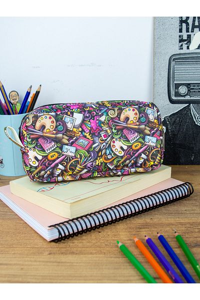 OneSize Pencil Case Art Cute Two-Compartment Vegan Leather (Double-Eye Pen Holder)