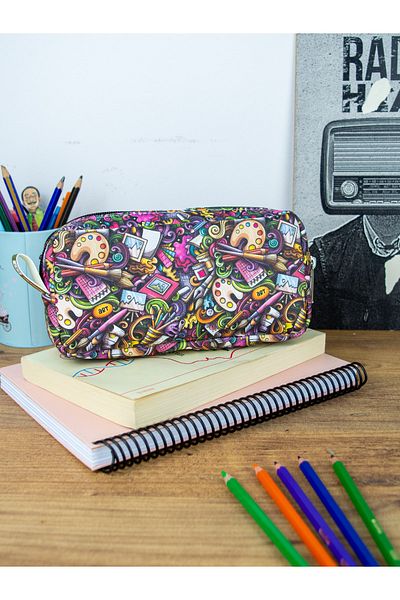 OneSize Pencil Case Art Cute Two-Compartment Vegan Leather (Double-Eye Pen Holder)