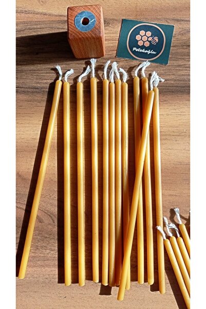 Petekoğlu (15 Adet) Balmumu Mum Ve (1 Adet ) Özel Dizayn Ahşap Mumluk Dilek Mumu Doğal Petek Mum Beeswax Candl