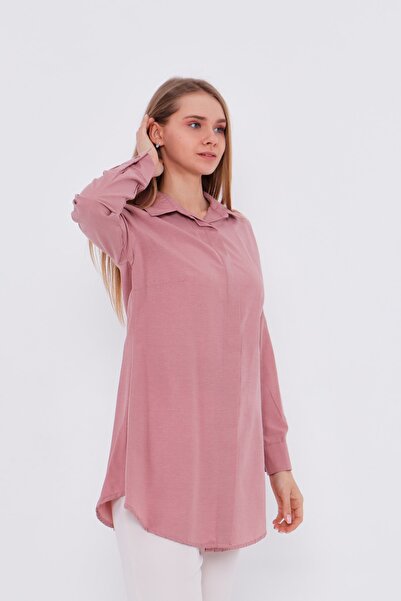 MİSS M.A.T FASHİON Boyfriend Klasik Gizli Pat Pudra Pembe Kadın Gömlek