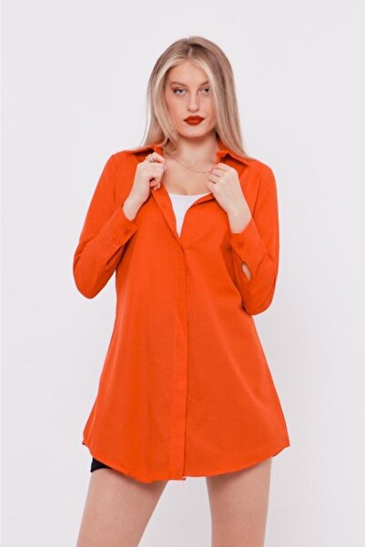 MİSS M.A.T FASHİON Boyfriend Klasik Gizli Pat Oranj Kadın Gömlek