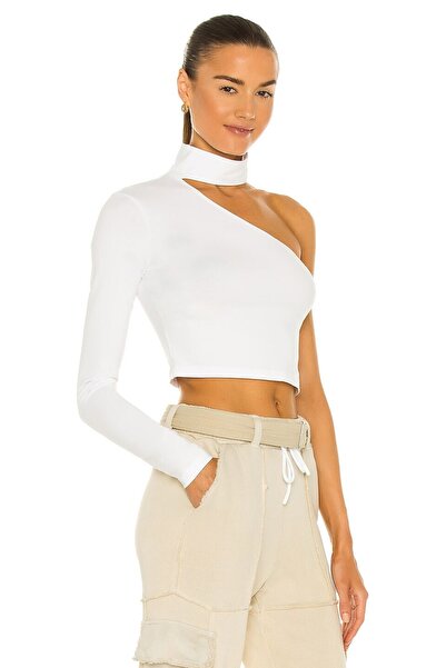 By Kul Design Women's White Jersey Asymmetrical Cut Single Sleeve Crop Top
