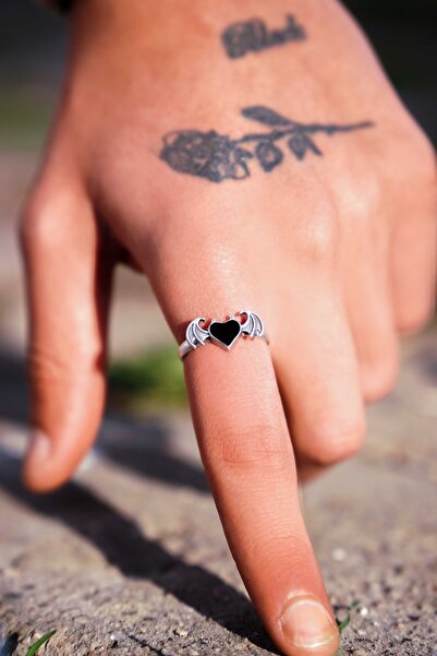 The Collection Gothic Kalp Heart Decor Çift Kanat Unisex Ayarlanabilir Yüzük