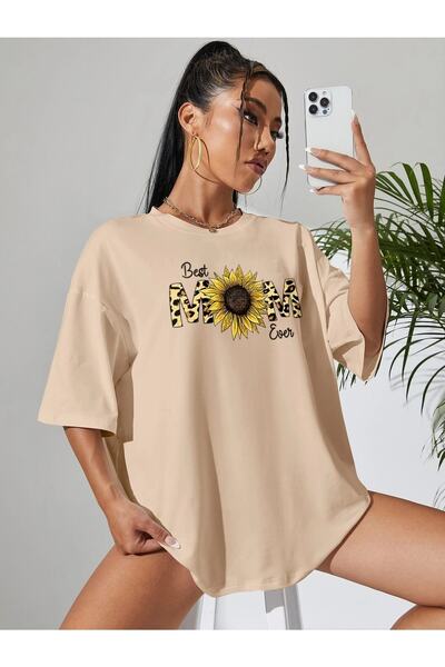 mercoledi Μπεζ μπλουζάκι Oversize Best Mom Printed