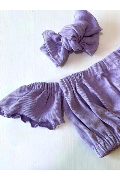 özge başaran Girl's, Lycra Leather Bow Detailed Trousers, Lilac Strapless Crop Blouse and Headband Set.