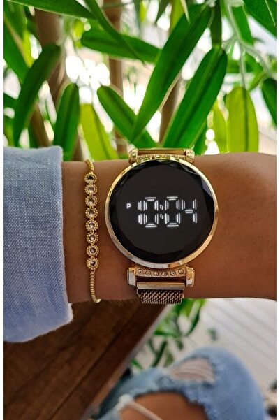 Polo Air Wicker Magnet Cord Led Touchless Women's Wristwatch and Waterway Bracelet Combination Yellow Color