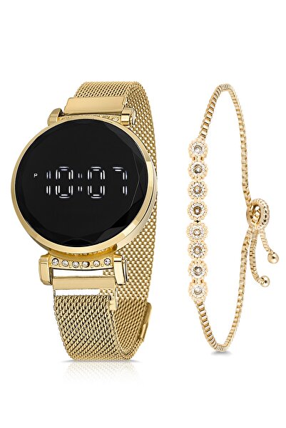 Polo Air Wicker Magnet Cord Led Touchless Women's Wristwatch and Waterway Bracelet Combination Yellow Color