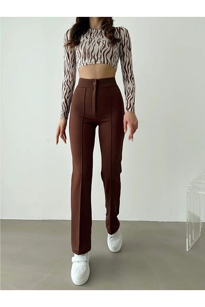 Casa Bohemia Studio Women's Ribbed Stitched Tightening High Waist Flared Trousers