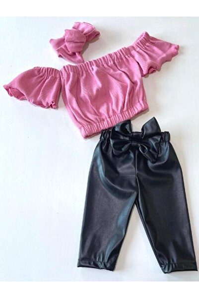 özge başaran Pantaloni cu fundă din piele lycra pentru fete, bluză roz fără bretele și set bentiță.