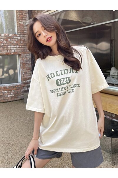 MOONBULL Oversize Holiday 1961 Printed Beige T-shirt