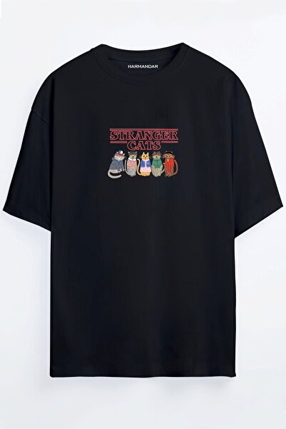 Harmandar Stranger Cats Baskılı Unisex Siyah - Beyaz -turuncu - Bej Oversize T-shirt