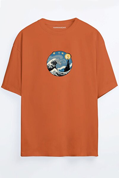 Harmandar Starry Night Wave - Wave Printed Unisex Μαύρο - Λευκό - Πορτοκαλί -...