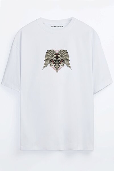 Harmandar Sword Skeleton Printed Unisex Negru - Alb - Portocaliu - Bej Tricou...