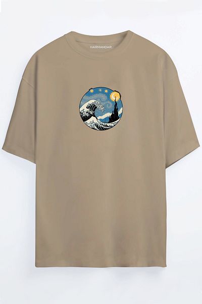 Harmandar Starry Night Wave - Wave Printed Unisex Μαύρο - Λευκό - Πορτοκαλί - Μπεζ Oversize T-shirt