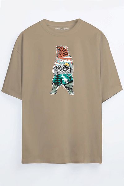 Harmandar Μπλουζάκι Forest Bear Printed Unisex Μαύρο - Λευκό - Πορτοκαλί - Μπεζ Oversize