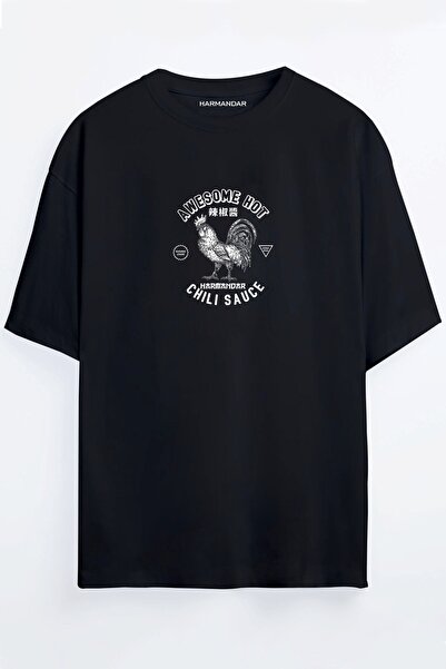 Harmandar Tricou oversize unisex cu imprimeu Chili Sauce Negru - Portocaliu -...