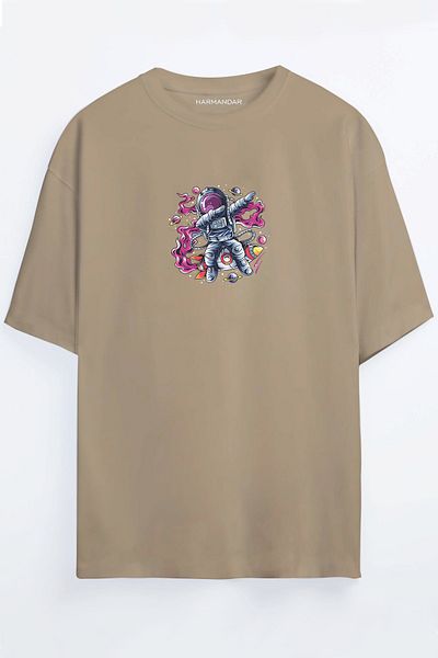Harmandar Astronaut Printed Unisex Μαύρο - Λευκό - Πορτοκαλί - Μπεζ μπλουζάκι Oversize