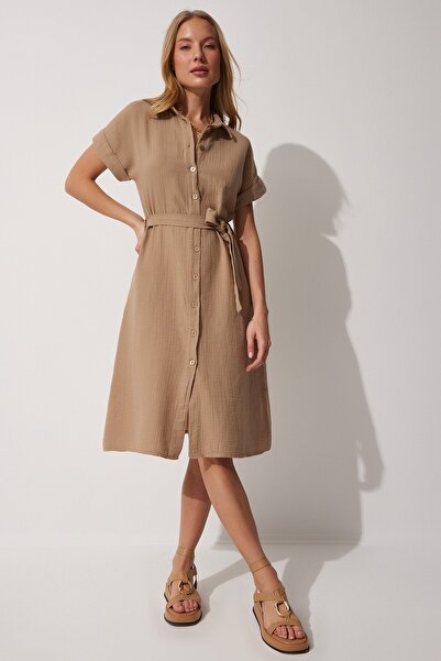 Happiness İstanbul Damen-Hemdkleid aus Leinen in Dunkelbeige mit Gürtel MX00046